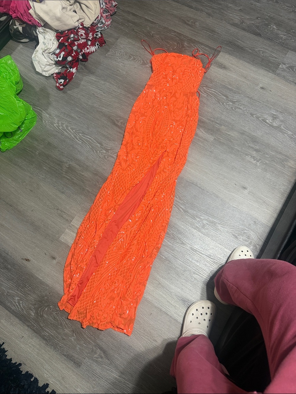 Windsor Neon Orange Strapless Sequin Lace Maxi Dress